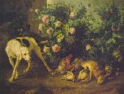 Francois Desportes Dog Guarding Game near a Rosebush painting